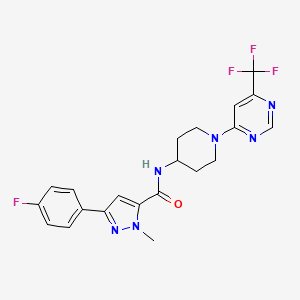 molecular formula C21H20F4N6O B2866150 3-(4-fluorophenyl)-1-methyl-N-(1-(6-(trifluoromethyl)pyrimidin-4-yl)piperidin-4-yl)-1H-pyrazole-5-carboxamide CAS No. 2034262-86-5