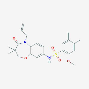 molecular formula C23H28N2O5S B2866161 N-(5-烯丙基-3,3-二甲基-4-氧代-2,3,4,5-四氢苯并[b][1,4]恶杂环-8-基)-2-甲氧基-4,5-二甲基苯磺酰胺 CAS No. 922049-17-0
