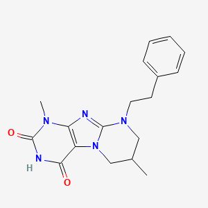 molecular formula C18H21N5O2 B2866240 1,7-dimethyl-9-(2-phenylethyl)-1,3,5-trihydro-6H,7H,8H-1,3-diazaperhydroino[1, 2-h]purine-2,4-dione CAS No. 714241-66-4