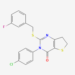 molecular formula C19H14ClFN2OS2 B2866244 3-(4-氯苯基)-2-((3-氟苄基)硫代)-6,7-二氢噻吩并[3,2-d]嘧啶-4(3H)-酮 CAS No. 687564-60-9