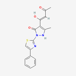 molecular formula C17H15N3O3S B2866254 (2Z)-3-hydroxy-1-[5-hydroxy-3-methyl-1-(4-phenyl-1,3-thiazol-2-yl)-1H-pyrazol-4-yl]but-2-en-1-one CAS No. 129302-16-5