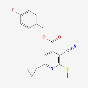 molecular formula C18H15FN2O2S B2866305 (4-Fluorophenyl)methyl 3-cyano-6-cyclopropyl-2-(methylsulfanyl)pyridine-4-carboxylate CAS No. 1111562-81-2