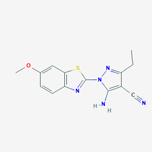 molecular formula C14H13N5OS B286633 5-amino-3-ethyl-1-(6-methoxy-1,3-benzothiazol-2-yl)-1H-pyrazole-4-carbonitrile 