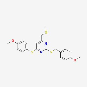 molecular formula C21H22N2O2S3 B2866345 2-[(4-甲氧基苯基)甲基硫代]-4-(4-甲氧基苯基)硫代-6-(甲基硫代甲基)嘧啶 CAS No. 303984-97-6