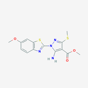 molecular formula C14H14N4O3S2 B286636 methyl 5-amino-1-(6-methoxy-1,3-benzothiazol-2-yl)-3-(methylsulfanyl)-1H-pyrazole-4-carboxylate 