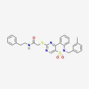 molecular formula C28H26N4O3S2 B2866369 2-((6-(3-methylbenzyl)-5,5-dioxido-6H-benzo[c]pyrimido[4,5-e][1,2]thiazin-2-yl)thio)-N-phenethylacetamide CAS No. 932529-52-7