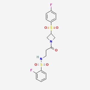 molecular formula C18H18F2N2O5S2 B2866380 2-fluoro-N-(3-(3-((4-fluorophenyl)sulfonyl)azetidin-1-yl)-3-oxopropyl)benzenesulfonamide CAS No. 1797689-10-1