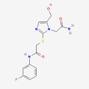 molecular formula C14H15FN4O3S B2866452 2-((1-(2-amino-2-oxoethyl)-5-(hydroxymethyl)-1H-imidazol-2-yl)thio)-N-(3-fluorophenyl)acetamide CAS No. 921503-01-7
