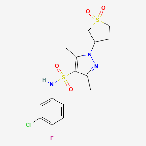 molecular formula C15H17ClFN3O4S2 B2866455 3-(4-{[(3-氯-4-氟苯基)氨基]磺酰基}-3,5-二甲基吡唑基)-1-羟基硫代烷-1-酮 CAS No. 942704-43-0