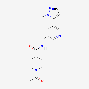 molecular formula C18H23N5O2 B2866575 1-acetyl-N-((5-(1-methyl-1H-pyrazol-5-yl)pyridin-3-yl)methyl)piperidine-4-carboxamide CAS No. 2034384-32-0