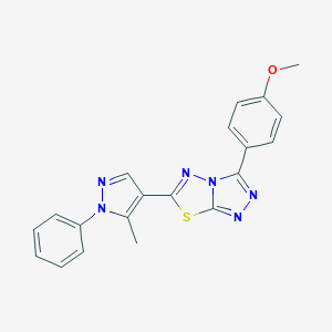 molecular formula C20H16N6OS B286659 methyl 4-[6-(5-methyl-1-phenyl-1H-pyrazol-4-yl)[1,2,4]triazolo[3,4-b][1,3,4]thiadiazol-3-yl]phenyl ether 