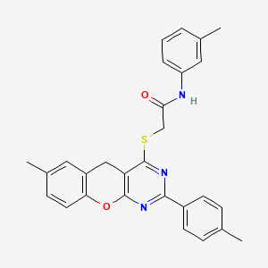 molecular formula C28H25N3O2S B2866591 2-((7-methyl-2-(p-tolyl)-5H-chromeno[2,3-d]pyrimidin-4-yl)thio)-N-(m-tolyl)acetamide CAS No. 866726-54-7