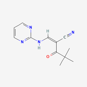 molecular formula C12H14N4O B2866620 2-(2,2-二甲基丙酰)-3-(嘧啶-2-基氨基)丙-2-烯腈 CAS No. 1025640-65-6