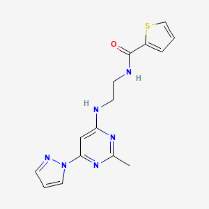 molecular formula C15H16N6OS B2866643 N-(2-((2-methyl-6-(1H-pyrazol-1-yl)pyrimidin-4-yl)amino)ethyl)thiophene-2-carboxamide CAS No. 1172462-30-4