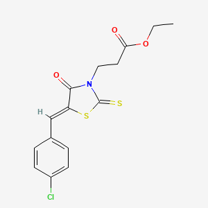 molecular formula C15H14ClNO3S2 B2866653 ethyl 3-[(5Z)-5-[(4-chlorophenyl)methylidene]-4-oxo-2-sulfanylidene-1,3-thiazolidin-3-yl]propanoate CAS No. 303027-76-1