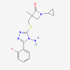 molecular formula C16H18FN5OS B2866660 3-[[4-Amino-5-(2-fluorophenyl)-1,2,4-triazol-3-yl]sulfanylmethyl]-1-cyclopropyl-3-methylazetidin-2-one CAS No. 2249412-54-0