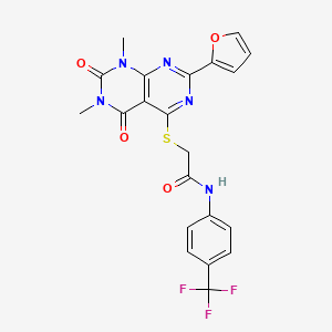 molecular formula C21H16F3N5O4S B2866678 2-((2-(furan-2-yl)-6,8-dimethyl-5,7-dioxo-5,6,7,8-tetrahydropyrimido[4,5-d]pyrimidin-4-yl)thio)-N-(4-(trifluoromethyl)phenyl)acetamide CAS No. 847191-05-3