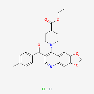 molecular formula C26H27ClN2O5 B2866681 ethyl 1-[7-(4-methylbenzoyl)-2H-[1,3]dioxolo[4,5-g]quinolin-8-yl]piperidine-4-carboxylate hydrochloride CAS No. 1216378-45-8