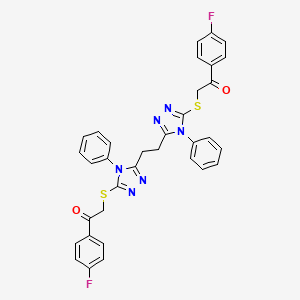 molecular formula C34H26F2N6O2S2 B2866697 1-(4-Fluorophenyl)-2-[[5-[2-[5-[2-(4-fluorophenyl)-2-oxoethyl]sulfanyl-4-phenyl-1,2,4-triazol-3-yl]ethyl]-4-phenyl-1,2,4-triazol-3-yl]sulfanyl]ethanone CAS No. 500267-73-2