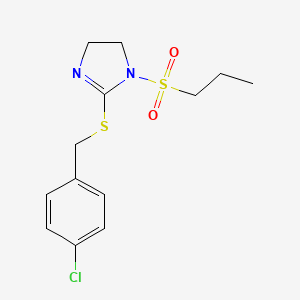 molecular formula C13H17ClN2O2S2 B2866701 2-[(4-Chlorophenyl)methylsulfanyl]-1-propylsulfonyl-4,5-dihydroimidazole CAS No. 868217-29-2