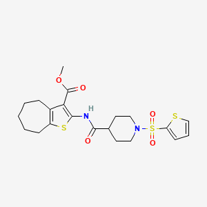 molecular formula C21H26N2O5S3 B2866741 methyl 2-(1-(thiophen-2-ylsulfonyl)piperidine-4-carboxamido)-5,6,7,8-tetrahydro-4H-cyclohepta[b]thiophene-3-carboxylate CAS No. 922649-63-6