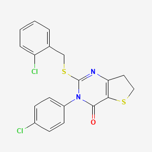 molecular formula C19H14Cl2N2OS2 B2866754 3-(4-Chlorophenyl)-2-[(2-chlorophenyl)methylsulfanyl]-6,7-dihydrothieno[3,2-d]pyrimidin-4-one CAS No. 687565-84-0
