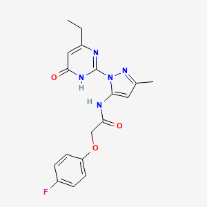 molecular formula C18H18FN5O3 B2866780 N-(1-(4-乙基-6-氧代-1,6-二氢嘧啶-2-基)-3-甲基-1H-吡唑-5-基)-2-(4-氟苯氧基)乙酰胺 CAS No. 1003964-64-4