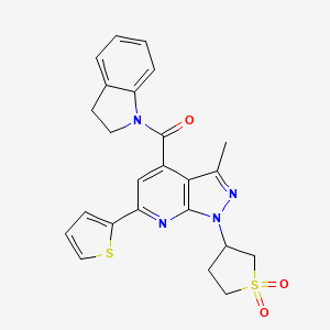 molecular formula C24H22N4O3S2 B2866846 (1-(1,1-dioxidotetrahydrothiophen-3-yl)-3-methyl-6-(thiophen-2-yl)-1H-pyrazolo[3,4-b]pyridin-4-yl)(indolin-1-yl)methanone CAS No. 1021055-24-2