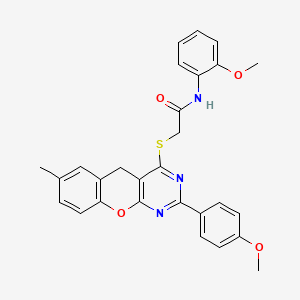 molecular formula C28H25N3O4S B2866882 N-(2-甲氧基苯基)-2-{[2-(4-甲氧基苯基)-7-甲基-5H-色烯[2,3-D]嘧啶-4-基]硫代}乙酰胺 CAS No. 866729-78-4