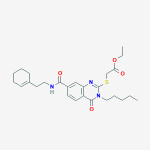 molecular formula C26H35N3O4S B2866896 Ethyl 2-[7-[2-(cyclohexen-1-yl)ethylcarbamoyl]-4-oxo-3-pentylquinazolin-2-yl]sulfanylacetate CAS No. 309749-77-7