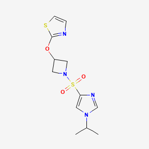 molecular formula C12H16N4O3S2 B2866901 2-((1-((1-isopropyl-1H-imidazol-4-yl)sulfonyl)azetidin-3-yl)oxy)thiazole CAS No. 1797905-47-5