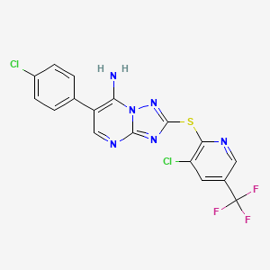 molecular formula C17H9Cl2F3N6S B2866914 6-(4-Chlorophenyl)-2-{[3-chloro-5-(trifluoromethyl)-2-pyridinyl]sulfanyl}[1,2,4]triazolo[1,5-a]pyrimidin-7-amine CAS No. 251096-56-7