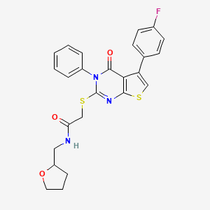 molecular formula C25H22FN3O3S2 B2866927 2-((5-(4-fluorophenyl)-4-oxo-3-phenyl-3,4-dihydrothieno[2,3-d]pyrimidin-2-yl)thio)-N-((tetrahydrofuran-2-yl)methyl)acetamide CAS No. 690270-92-9