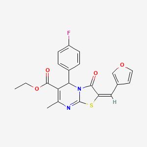 molecular formula C21H17FN2O4S B2866978 (E)-ethyl 5-(4-fluorophenyl)-2-(furan-3-ylmethylene)-7-methyl-3-oxo-3,5-dihydro-2H-thiazolo[3,2-a]pyrimidine-6-carboxylate CAS No. 514816-33-2