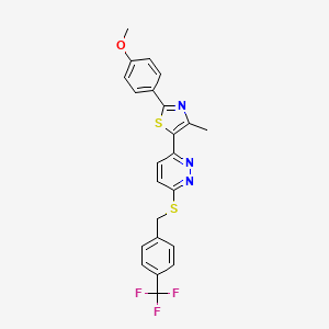 molecular formula C23H18F3N3OS2 B2866985 2-(4-Methoxyphenyl)-4-methyl-5-(6-((4-(trifluoromethyl)benzyl)thio)pyridazin-3-yl)thiazole CAS No. 954661-55-3