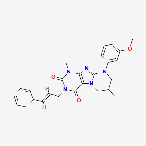 molecular formula C26H27N5O3 B2866988 3-cinnamyl-9-(3-methoxyphenyl)-1,7-dimethyl-6,7,8,9-tetrahydropyrimido[2,1-f]purine-2,4(1H,3H)-dione CAS No. 873076-37-0