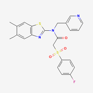 molecular formula C23H20FN3O3S2 B2866993 N-(5,6-二甲基苯并[d]噻唑-2-基)-2-((4-氟苯基)磺酰基)-N-(吡啶-3-基甲基)乙酰胺 CAS No. 886947-34-8