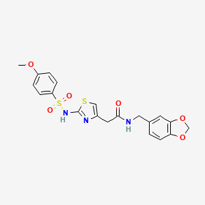molecular formula C20H19N3O6S2 B2867008 N-(benzo[d][1,3]dioxol-5-ylmethyl)-2-(2-(4-methoxyphenylsulfonamido)thiazol-4-yl)acetamide CAS No. 922074-52-0