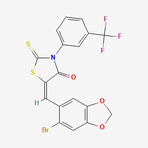 molecular formula C18H9BrF3NO3S2 B2867027 (E)-5-((6-溴苯并[d][1,3]二氧杂环-5-基)亚甲基)-2-硫代-3-(3-(三氟甲基)苯基)噻唑烷-4-酮 CAS No. 313977-06-9