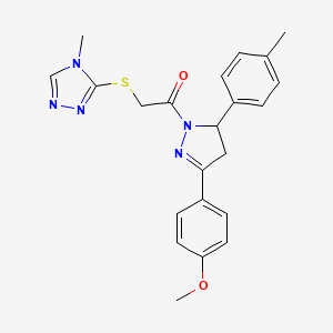 molecular formula C22H23N5O2S B2867041 1-(3-(4-methoxyphenyl)-5-(p-tolyl)-4,5-dihydro-1H-pyrazol-1-yl)-2-((4-methyl-4H-1,2,4-triazol-3-yl)thio)ethanone CAS No. 403836-84-0