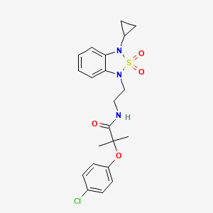 molecular formula C21H24ClN3O4S B2867068 2-(4-chlorophenoxy)-N-[2-(3-cyclopropyl-2,2-dioxo-1,3-dihydro-2lambda6,1,3-benzothiadiazol-1-yl)ethyl]-2-methylpropanamide CAS No. 2097903-77-8