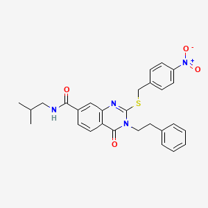 molecular formula C28H28N4O4S B2867105 N-isobutyl-2-((4-nitrobenzyl)thio)-4-oxo-3-phenethyl-3,4-dihydroquinazoline-7-carboxamide CAS No. 1115382-48-3