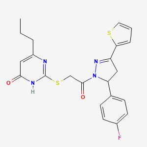 molecular formula C22H21FN4O2S2 B2867115 2-((2-(5-(4-氟苯基)-3-(噻吩-2-基)-4,5-二氢-1H-吡唑-1-基)-2-氧代乙基)硫代)-6-丙基嘧啶-4(3H)-酮 CAS No. 922576-33-8