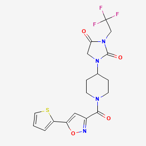 molecular formula C18H17F3N4O4S B2867174 1-{1-[5-(Thiophen-2-yl)-1,2-oxazole-3-carbonyl]piperidin-4-yl}-3-(2,2,2-trifluoroethyl)imidazolidine-2,4-dione CAS No. 2097913-67-0