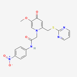 molecular formula C19H17N5O5S B2867258 2-(5-methoxy-4-oxo-2-((pyrimidin-2-ylthio)methyl)pyridin-1(4H)-yl)-N-(4-nitrophenyl)acetamide CAS No. 941958-62-9
