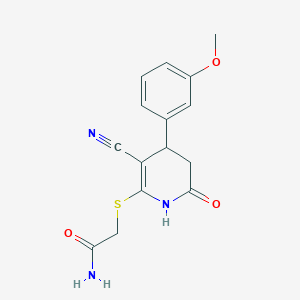 molecular formula C15H15N3O3S B2867285 2-((3-Cyano-4-(3-methoxyphenyl)-6-oxo-1,4,5,6-tetrahydropyridin-2-yl)thio)acetamide CAS No. 342594-57-4