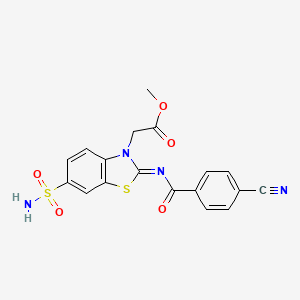 molecular formula C18H14N4O5S2 B2867304 (Z)-methyl 2-(2-((4-cyanobenzoyl)imino)-6-sulfamoylbenzo[d]thiazol-3(2H)-yl)acetate CAS No. 865198-76-1
