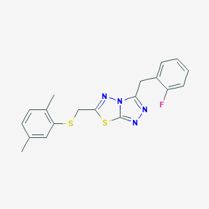 molecular formula C19H17FN4S2 B286732 2,5-Dimethylphenyl [3-(2-fluorobenzyl)[1,2,4]triazolo[3,4-b][1,3,4]thiadiazol-6-yl]methyl sulfide 