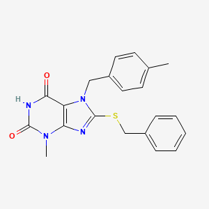 molecular formula C21H20N4O2S B2867335 8-(benzylthio)-3-methyl-7-(4-methylbenzyl)-1H-purine-2,6(3H,7H)-dione CAS No. 332103-31-8