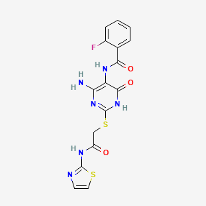 molecular formula C16H13FN6O3S2 B2867336 N-(4-氨基-6-氧代-2-((2-氧代-2-(噻唑-2-氨基)乙基)硫代)-1,6-二氢嘧啶-5-基)-2-氟苯甲酰胺 CAS No. 888425-10-3